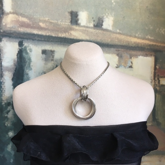 Silver Tone Statement Pendant Necklace Rings Door Knocker 18” - 20 1/2” - Picture 3 of 9